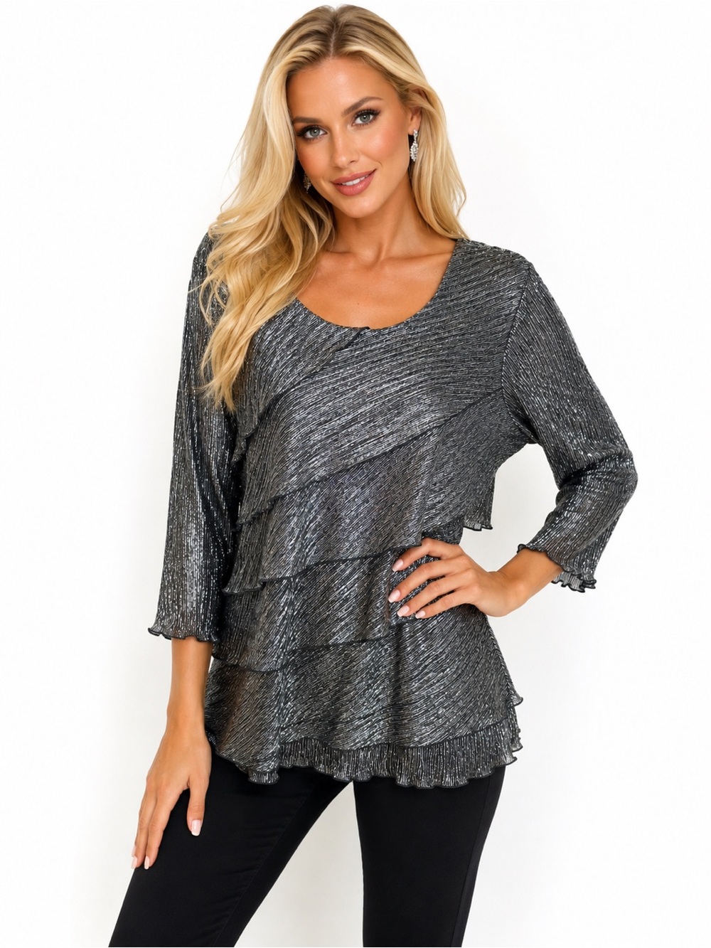 TanJay Women’s Size XL Silver Metallic Tiered Ruffle 3/4 Sleeve Blouse Top